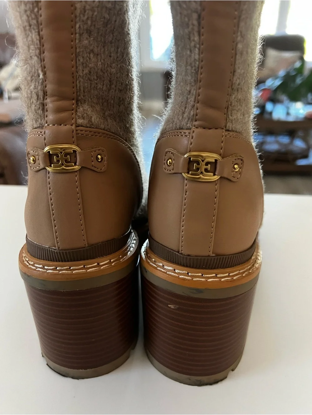Sam Edelman Beige Knit Sock Booties with Tan Leather Toe